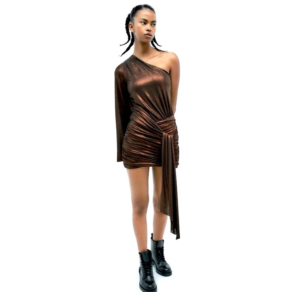 Zara Dresses Zara Asymetrical Shiny Bronze Dress Size Large Nwt
